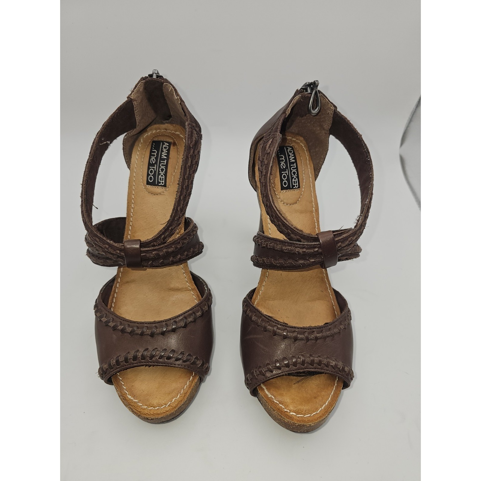 Adam Tucker Me Too Shoes Women's Size 7m Brown X-Strap Zip Back Heels Sandals